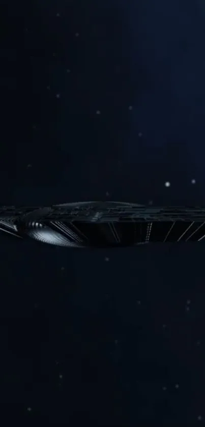 Spaceship cruising through a dark, starry night sky.