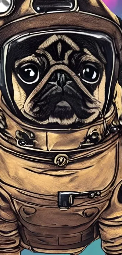 Whimsical pug in a vintage spacesuit on a starry backdrop mobile wallpaper.