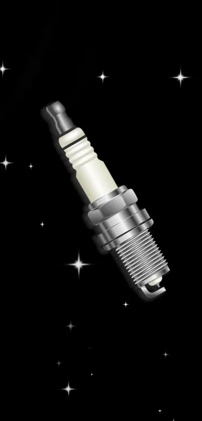 Metallic spark plug amidst starry black galaxy background.