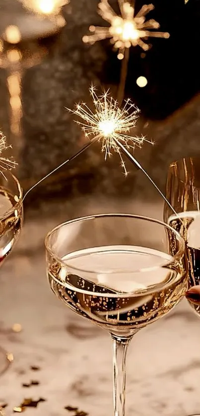 Elegant celebration wallpaper with glasses and sparklers.