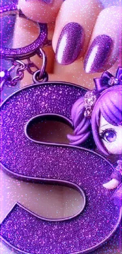 Purple glittery anime character with sparkle keychain.