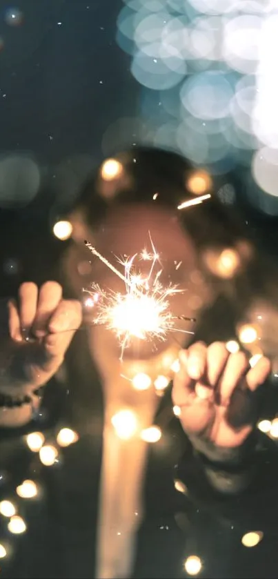 Mobile wallpaper with a sparkler and a bokeh background creating a magical glow.