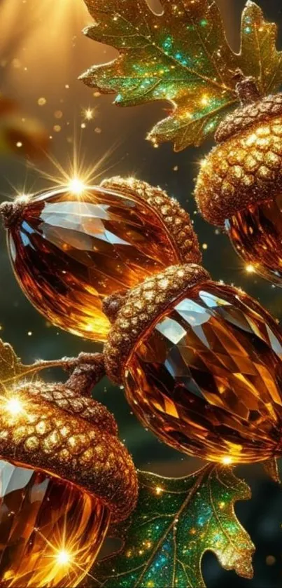 Glimmering acorns with glowing oak leaves.