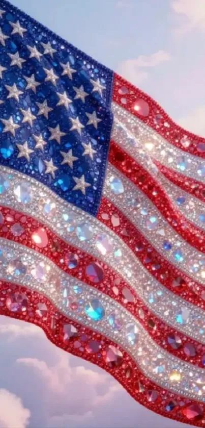 Sparkling American flag with gems and stars.