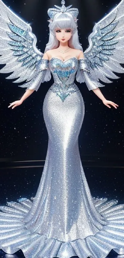 Glittering angel in silver dress with wings on a starry background.