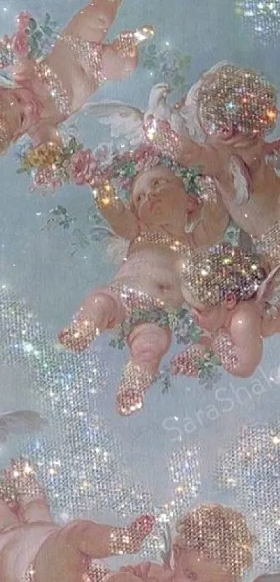 Displaying cherubic figures with sparkles on a sky blue background.