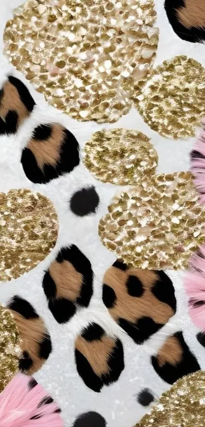 Sparkling animal print wallpaper with gold and pink accents.