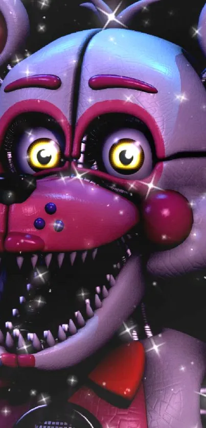 Close-up of vibrant and sparkling animatronic character with sharp details.