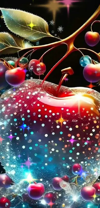 Vibrant sparkling apple and berries on a mobile wallpaper.