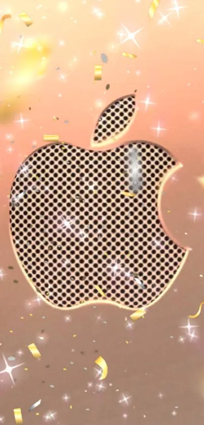 Gold Apple logo with sparkling background on phone wallpaper.