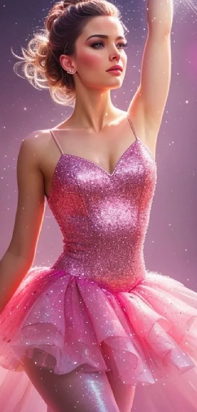 Ballet dancer in a sparkling pink tutu against a fantasy backdrop.