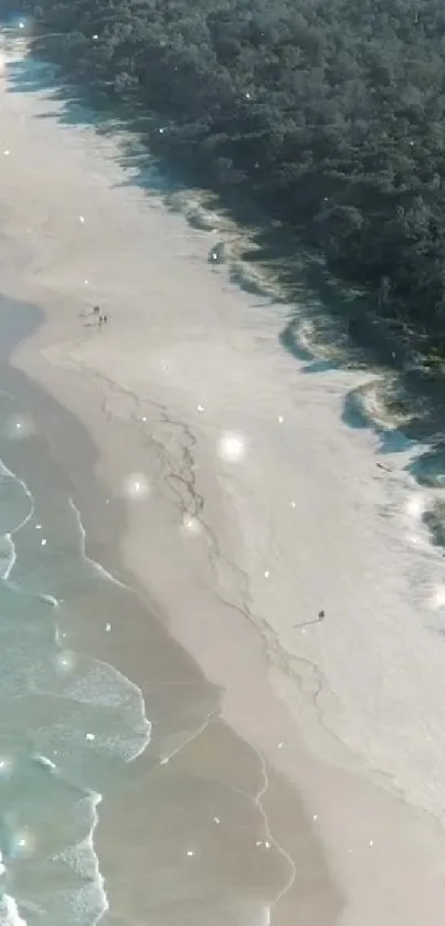 Aerial view of a sparkling beach with lush greenery and gentle waves.