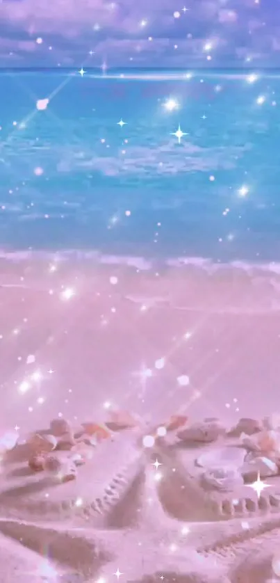 Fantasy beach wallpaper with sparkling pink sand and a dreamy sky.