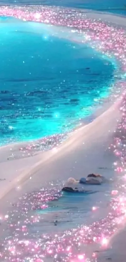 Magical beach with pink sparkling waves and turquoise sea.