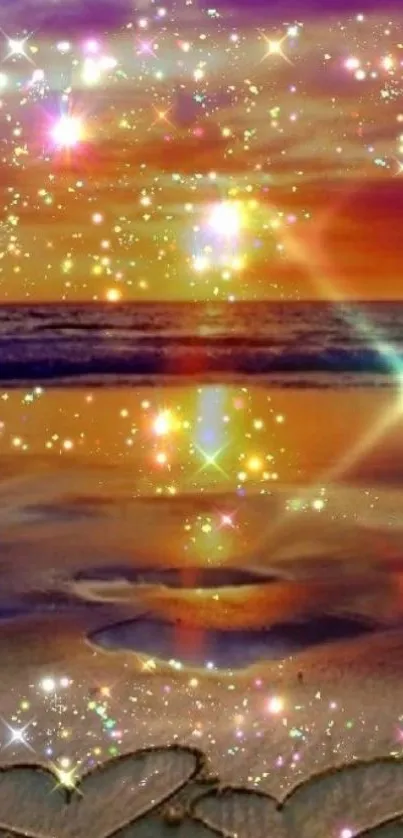 Sparkling sunset beach with sand hearts and colorful stars.