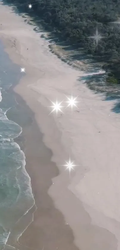 Peaceful beach with sparkles on the sand and ocean waves.