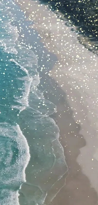 Aerial view of a sparkling turquoise beach with gentle waves and golden sand.