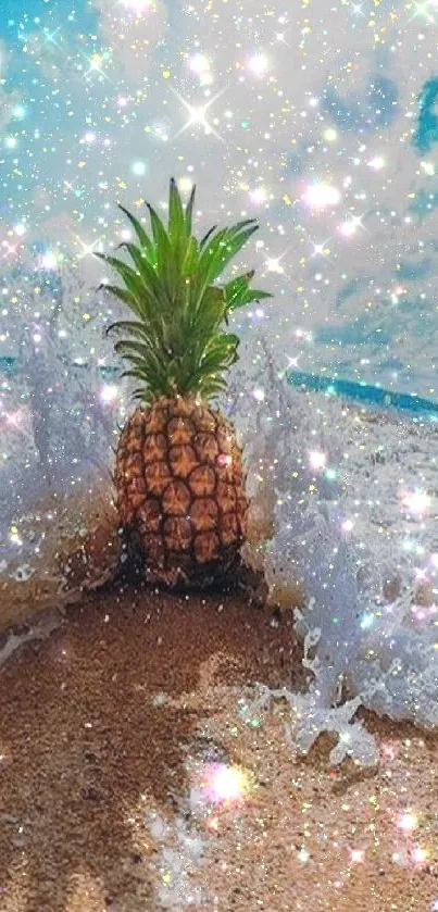 Tropical beach with a glittering pineapple and sparkling ocean waves.