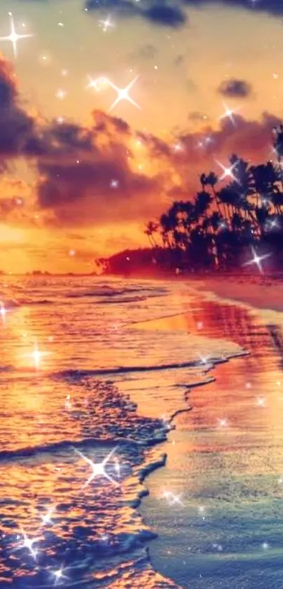 Sparkling beach sunset with palm trees and colorful waves.