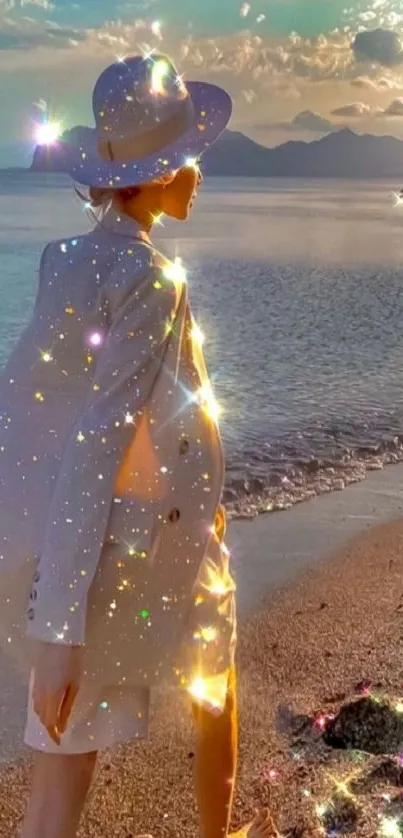 Woman in a hat walking on a sparkling beach at sunset.