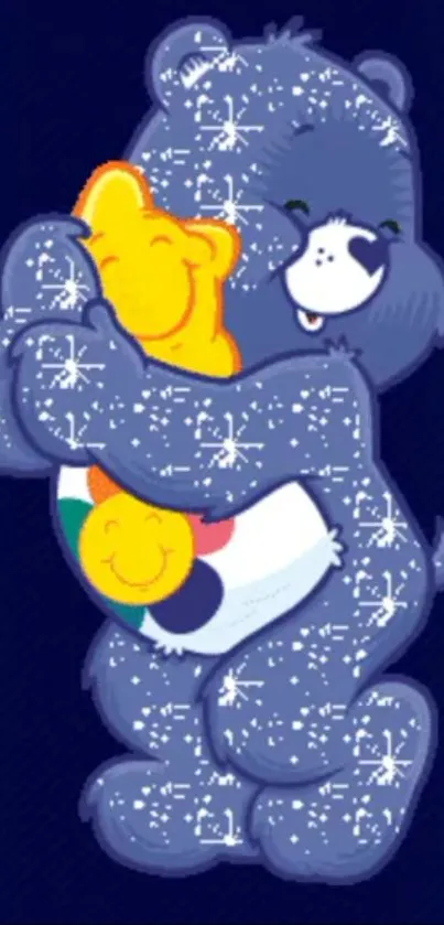 Sparkling bears hugging in a colorful and glittery design.