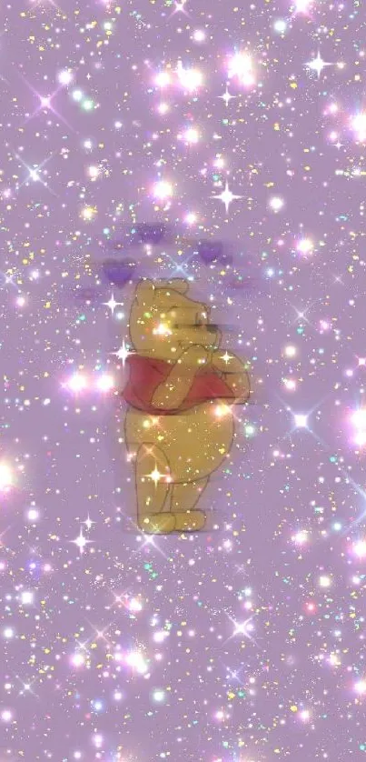 Whimsical bear surrounded by purple sparkles on mobile wallpaper.