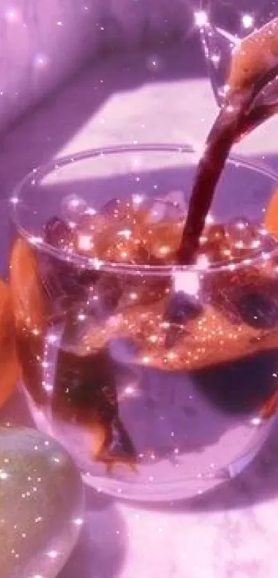 Sparkling purple-toned beverage with glitter effect in a glass.