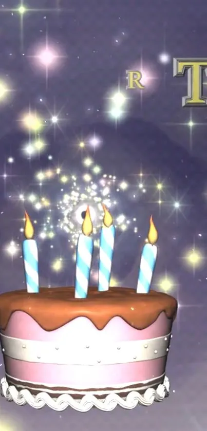 Birthday cake with candles and sparkling starry background.