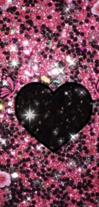 Sparkling pink background with a black heart, butterflies, and roses.