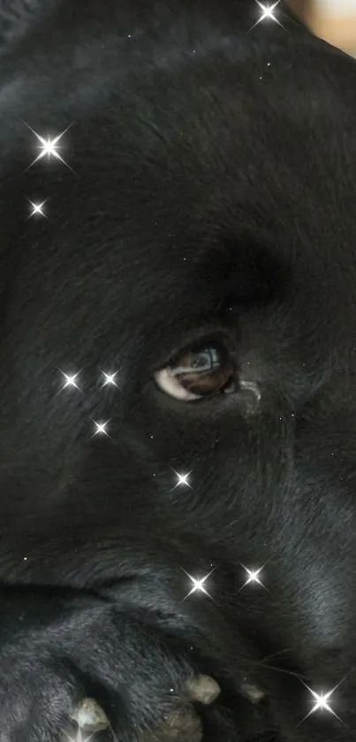 Black Labrador with sparkling stars on fur background.