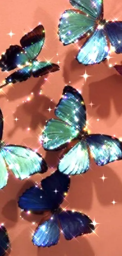 Sparkling blue butterflies on a peach background.