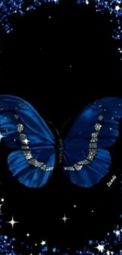 Blue butterfly with glittery background on wallpaper.