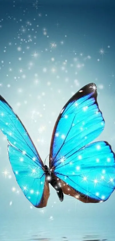 Shimmering blue butterfly with sparkles on a dreamy background.