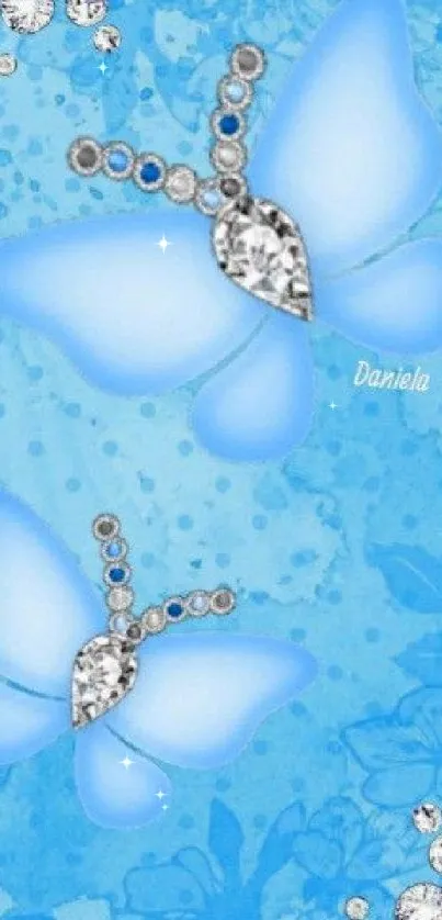 Sparkling blue butterflies with diamond accents on a blue background.