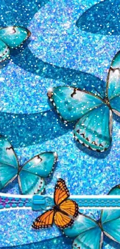 Mobile wallpaper with sparkling blue butterflies and vibrant design.