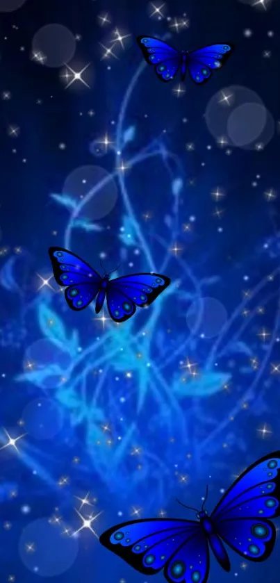 Enchanted blue butterflies with starry night sky background.