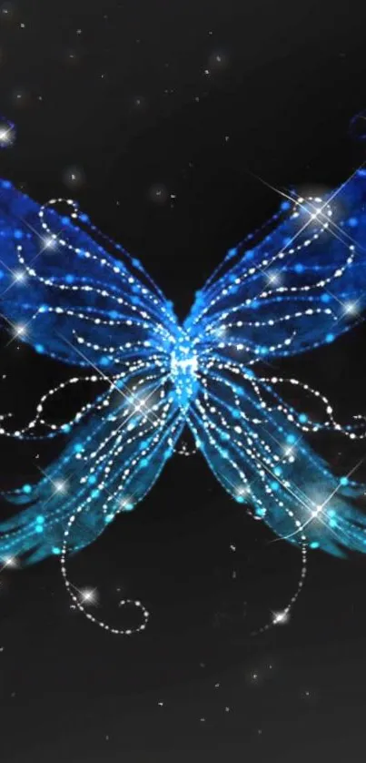 Sparkling blue butterfly with stars on a dark background.