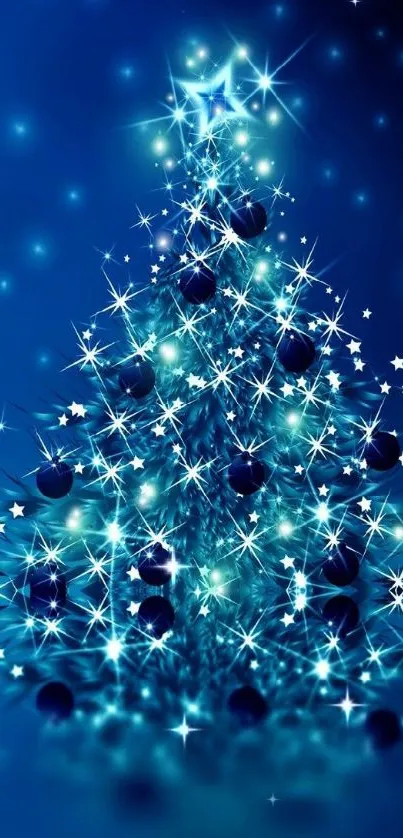 Dazzling blue Christmas tree with sparkling lights and stars on a mobile wallpaper.