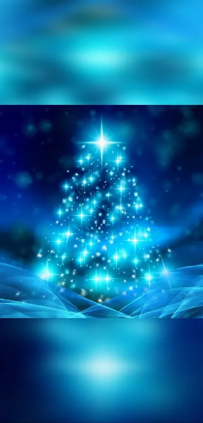 Sparkling blue Christmas tree with glowing lights in a serene winter setting.