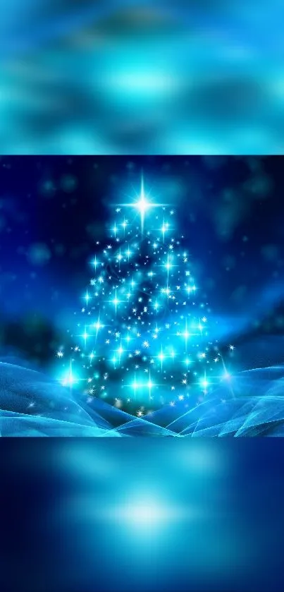 Glowing blue Christmas tree with stars in a snowy night backdrop.