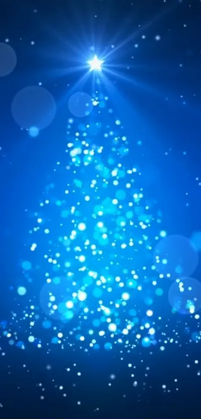 Blue Christmas tree with sparkling lights.