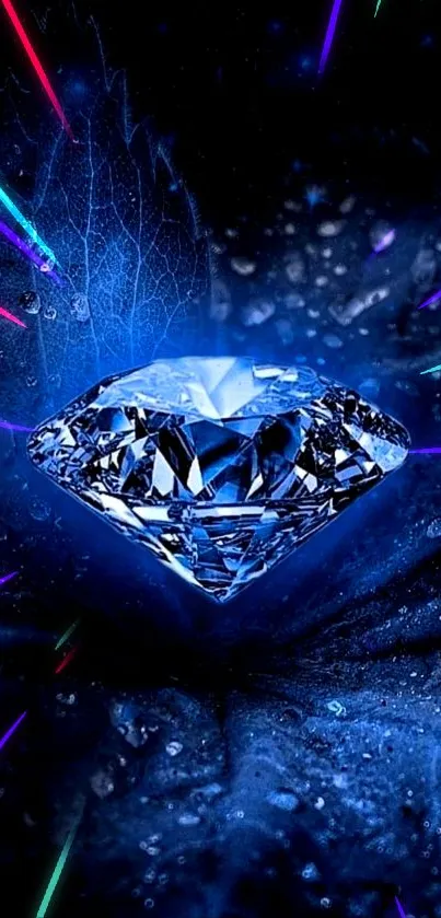 Sparkling blue diamond on textured blue background.