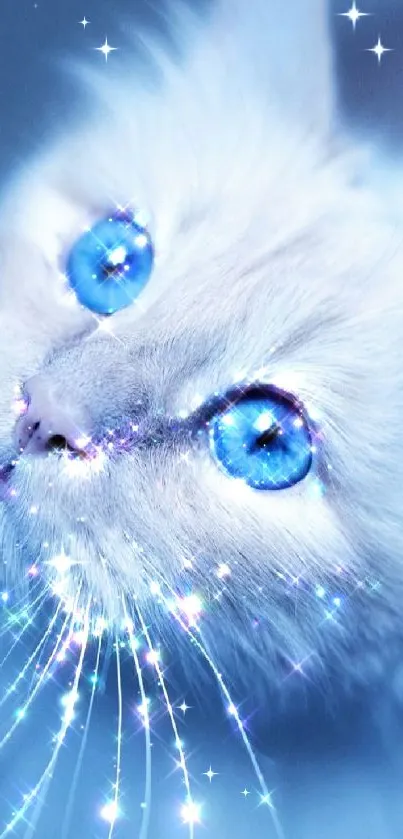 Ethereal cat with glowing blue eyes and sparkling fur.