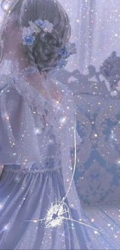 Elegant girl in blue dress with sparkling background.