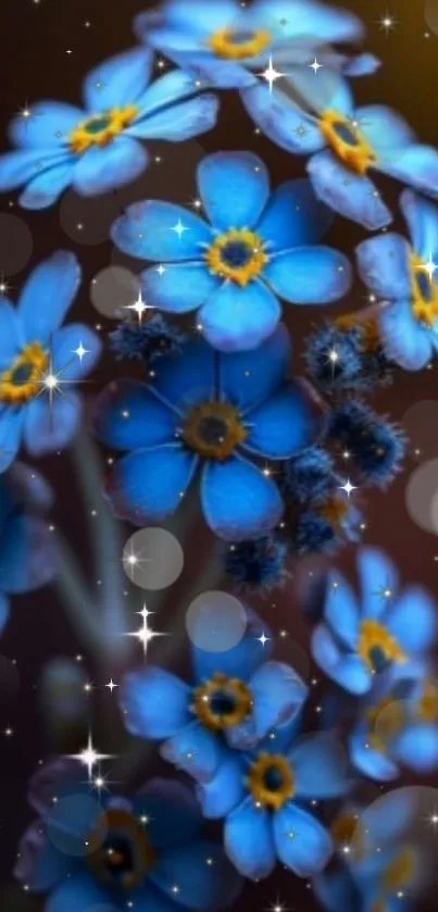 Vivid blue flowers with sparkling effects on a dark background.