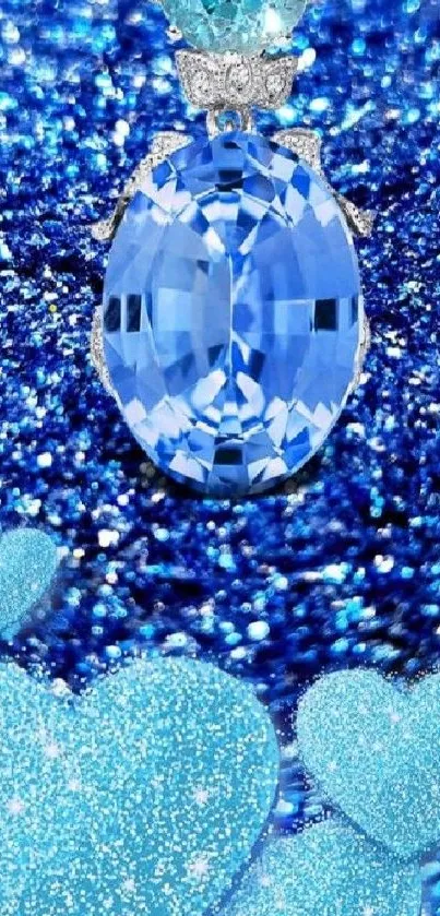 Sparkling blue gemstone and hearts wallpaper with glitter.