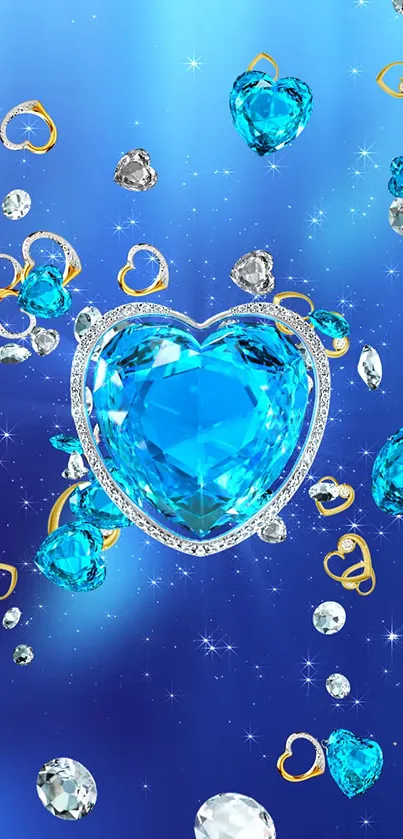 Blue heart-shaped gemstones with sparkling accents on a blue background.