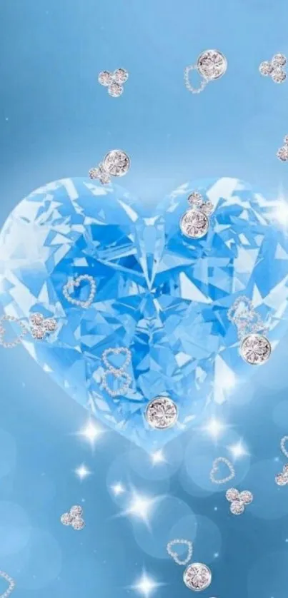 Sparkling blue diamond heart wallpaper with shimmering gems.