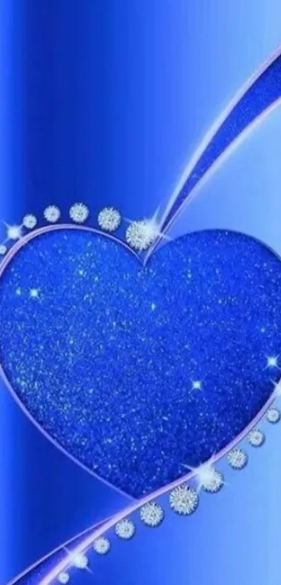 Sparkling blue heart with gems on a radiant blue background.