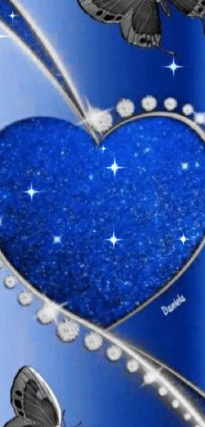 Blue sparkling heart with butterflies.